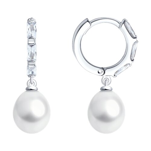 Серьги с жемчугом и фианитом из серебра 925 пробы