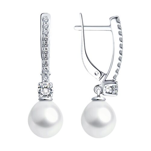 Серьги с жемчугом и фианитом из серебра 925 пробы