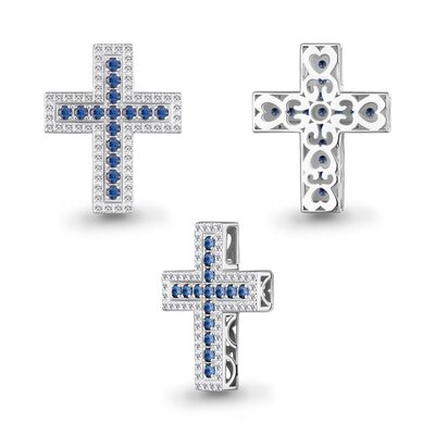 Декоративный крест с сапфирами и бриллиантами из белого золота 585 пробы