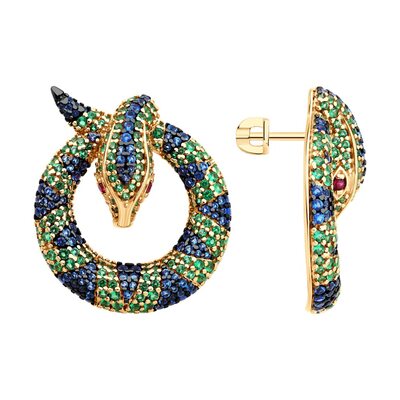 Серьги "Змеи" с корундами и фианитами из серебра 925 пробы с позолотой