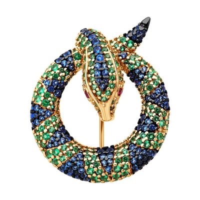 Брошь "Змея" с фианитами из серебра 925 пробы с позолотой