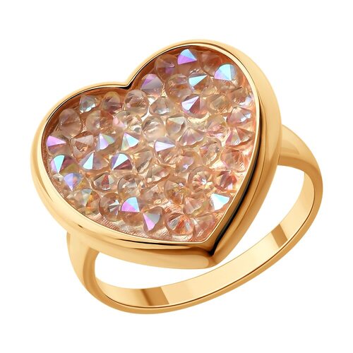 Кольцо "Сердце" с кристальной тканью из серебра 925 пробы с позолотой