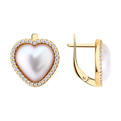 Серьги "Сердца" с жемчугом и фианитами из серебра 925 пробы с позолотой