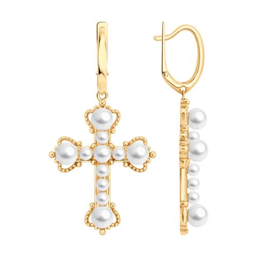 Серьги "Кресты" с жемчугом из серебра 925 пробы с позолотой