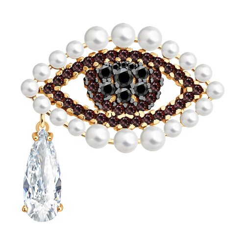 Брошь с жемчугом и фианитами из серебра 925 пробы с позолотой