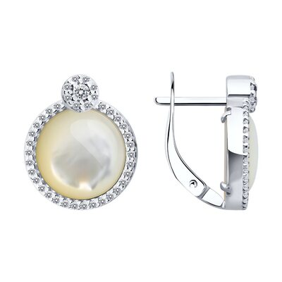 Серьги с перламутром и фианитами из серебра 925 пробы