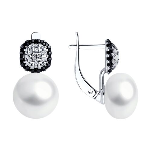 Серьги с жемчугом, фианитами и шпинелью из серебра 925 пробы