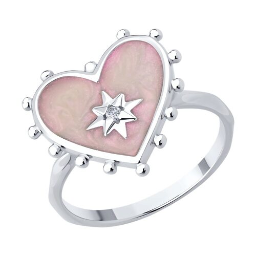 Кольцо "Сердце" с эмалью и фианитом из серебра 925 пробы