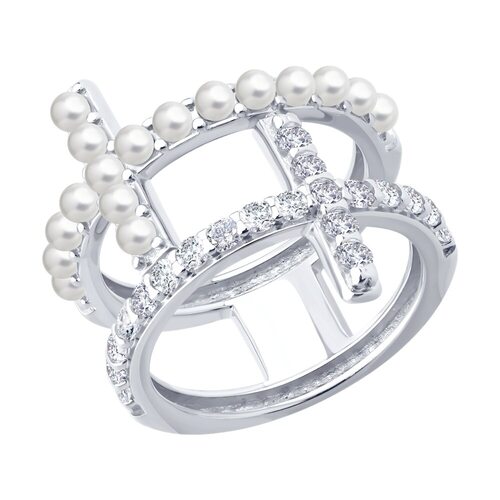 Кольцо с жемчугом и фианитами из серебра 925 пробы