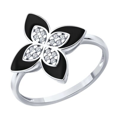 Кольцо "Цветок" с фианитами и эмалью из серебра 925 пробы