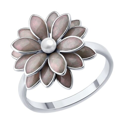Кольцо "Цветок" с жемчугом и эмалью из серебра 925 пробы