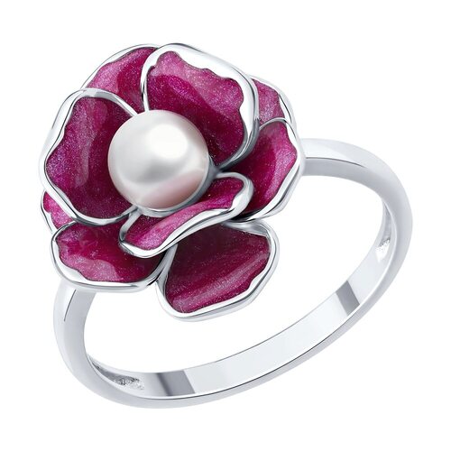 Кольцо "Цветок" с жемчугом и эмалью из серебра 925 пробы