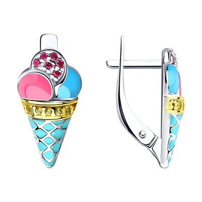 Серьги "Мороженое" корундом, фианитами и эмалью из серебра 925 пробы с позолотой