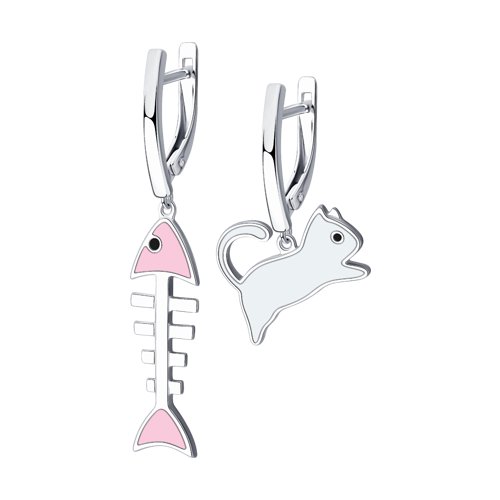 Серьги "Котик с рыбкой" с эмалью из серебра 925 пробы