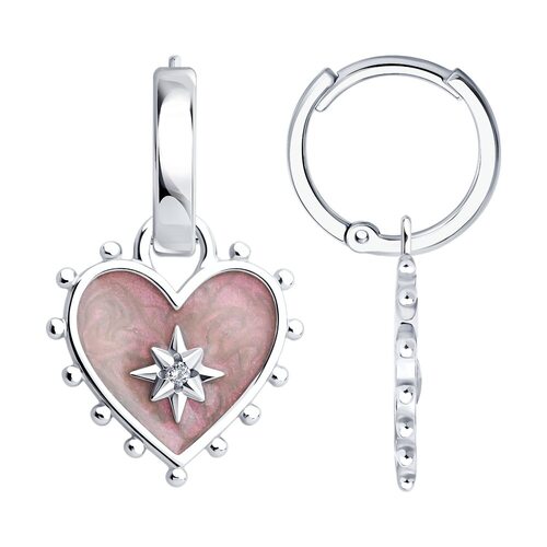 Серьги "Сердца" с фианитами и эмалью из серебра 925 пробы