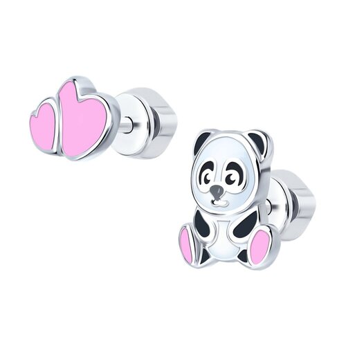 Серьги "Сердечки и мишка" из серебра 925 пробы