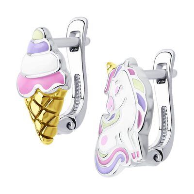 Серьги "Единорог и мороженое" с эмалью из серебра 925 пробы с позолотой