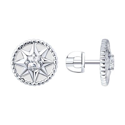 Серьги "Роза ветров" с фианитами и эмалью из серебра 925 пробы