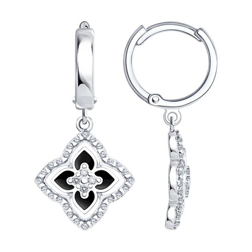 Серьги "Цветы" с фианитами и эмалью из серебра 925 пробы