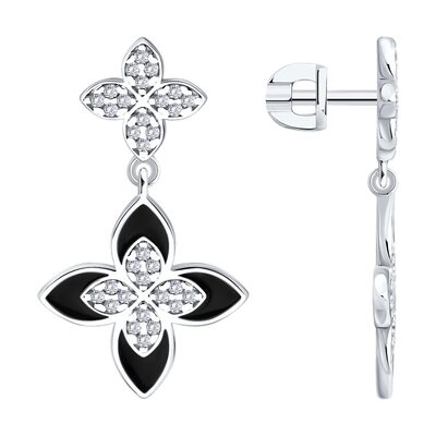 Серьги "Цветы" с фианитами и эмалью из серебра 925 пробы