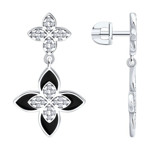 Серьги "Цветы" с фианитами и эмалью из серебра 925 пробы