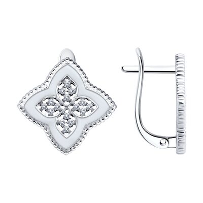 Серьги "Цветы" с фианитами и эмалью из серебра 925 пробы