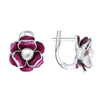Серьги "Цветы" с жемчугом и эмалью из серебра 925 пробы