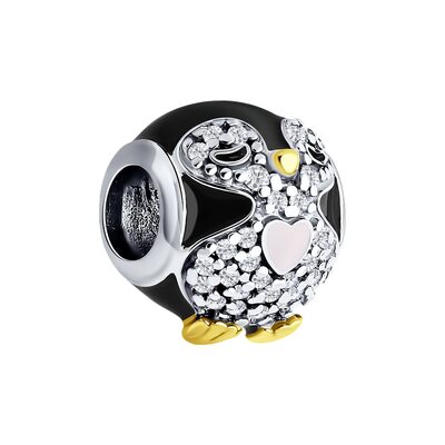 Подвеска "Пингвин" с фианитами и эмалью из серебра 925 пробы с позолотой