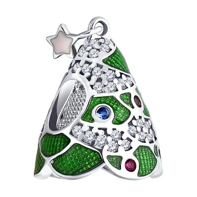 Подвеска "Новогодняя елка" с корундами, фианитами и эмалью из серебра 925 пробы 
