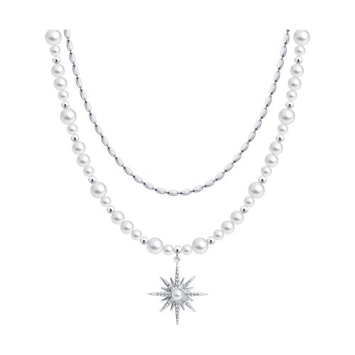 Колье "Звезда" с жемчугом и фианитами из серебра 925 пробы