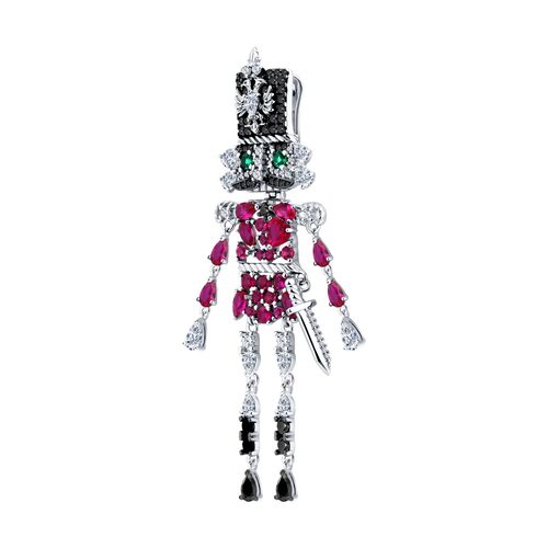 Серьга "Щелкунчик" с корундами и фианитами из серебра 925 пробы