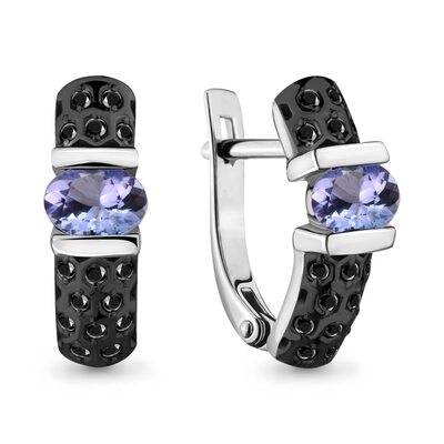 Серьги с черными бриллиантами и танзанитом из белого золота 585 пробы