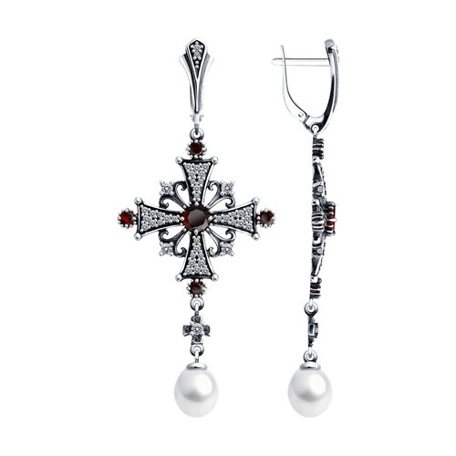 Серьги с жемчугом, гранатом и фианитами из серебра 925 пробы