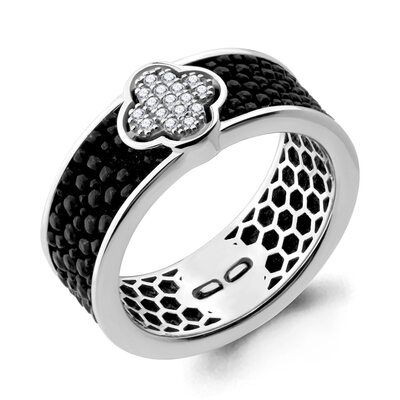 Кольцо "Клевер" с бриллиантами и кожей ската из белого золота 585 пробы