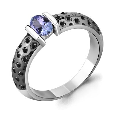 Кольцо с черными бриллиантами и танзанитом из белого золота 585 пробы