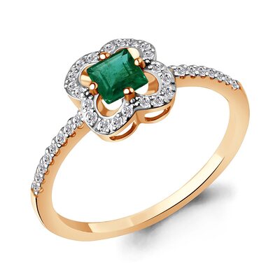 Кольцо "Цветок" с изумрудом и бриллиантами из золота 585 пробы