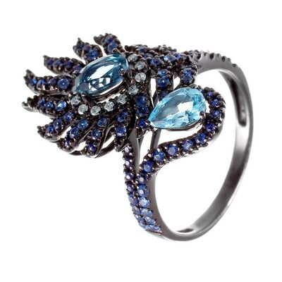 Кольцо с топазами, сапфирами и бриллиантами из черного золота 585 пробы