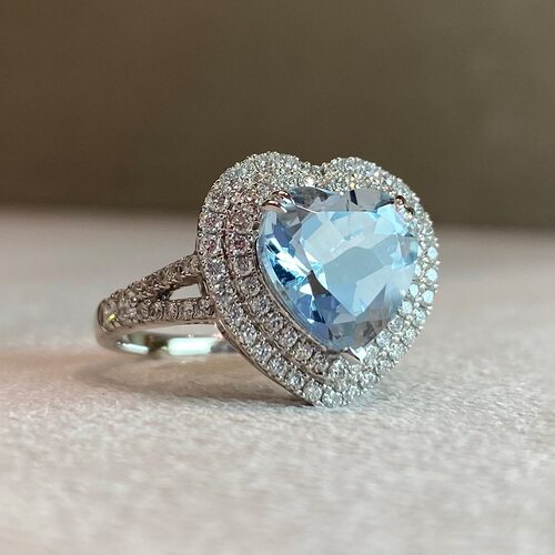 Кольцо "Сердце" с аквамарином и бриллиантами из белого золота 585 пробы