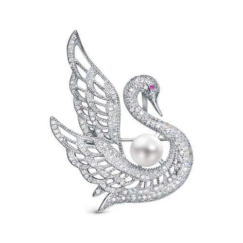 Брошь "Лебедь" с жемчугом и фианитами из серебра 925 пробы