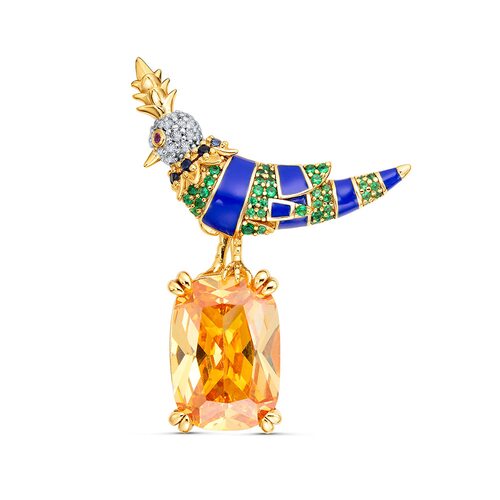 Брошь "Птица" с фианитами и эмалью из серебра 925 пробы с позолотой