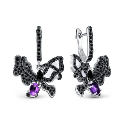 Серьги "Бабочки" с аметистом, шпинелью и перламутром из серебра 925 пробы