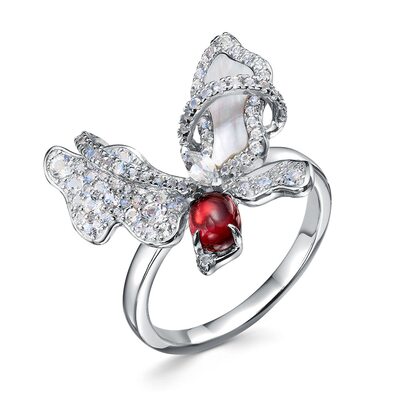 Кольцо "Бабочка" с гранатом, перламутром и топазами из серебра 925 пробы