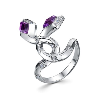 Кольцо "Змеи" с аметистом и топазами из серебра 925 пробы