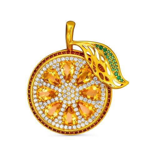 Брошь "Апельсин" со шпинелью, фианитами, цирконами и цитринами из серебра 925 пробы с позолотой