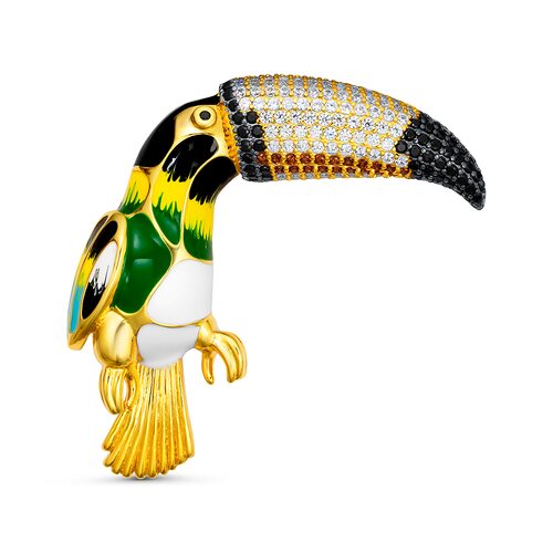 Брошь "Тукан" со шпинелью, цирконом, гранатом и эмалью из серебра 925 пробы с позолотой