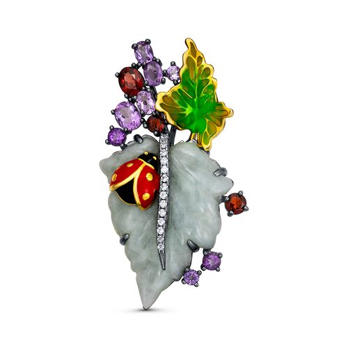 Брошь "Листья" с гранатами, аметистами, цирконами, жадеитом и эмалью из серебра 925 пробы