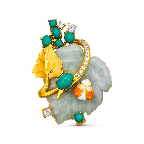 Брошь "Листья" с бирюзой, цирконами, жадеитом и эмалью из серебра 925 пробы с позолотой