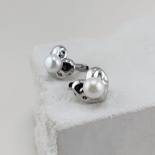 Серьги "Сердца" с жемчугом из серебра 925 пробы