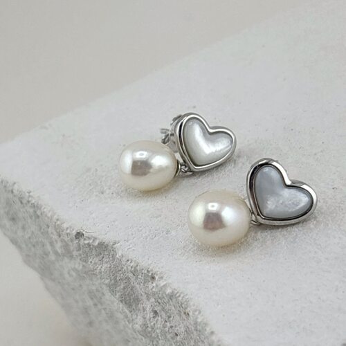 Серьги "Сердца" с перламутром и жемчугом из серебра 925 пробы