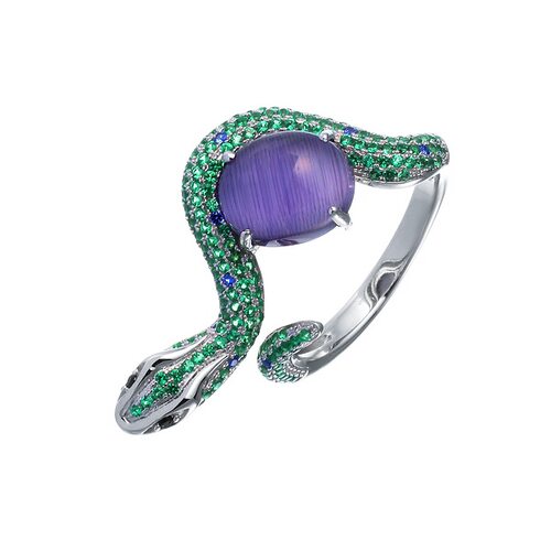 Кольцо "Змея" с ювелирным стеклом и фианитами из серебра 925 пробы